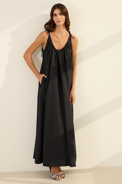 Setre Black Shoulder Detailed Cotton Comfortable Fit Dress