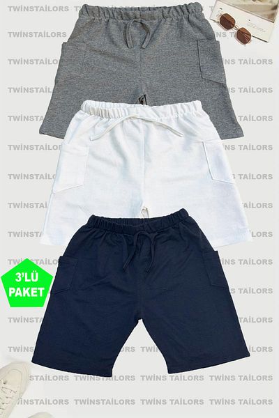 twins tailors Combed Cotton Grey-Navy-White 3 Pack Unisex Kids Short Shorts