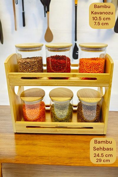 Kitchen Way 400ml Glass Spice Rack Set with Bamboo Stand and Gasket Lid 6-Piece Jar Food Storage Set Kw-369
