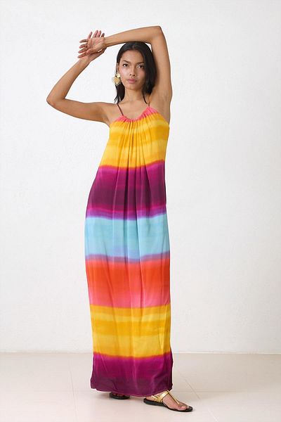 Setre Orange Thin Strap Detail Comfortable Fit Long Length Print Dress