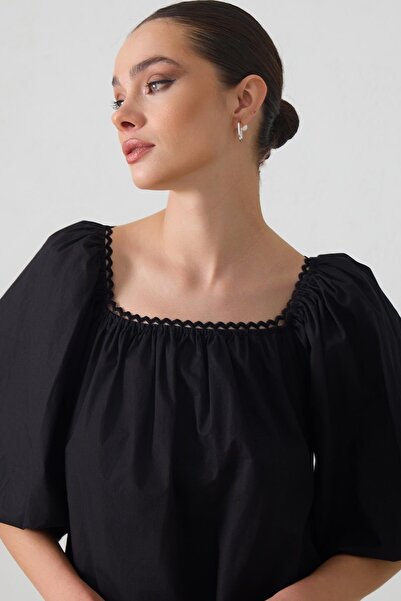 Setre Rochie neagră din bumbac cu mâneci și guler