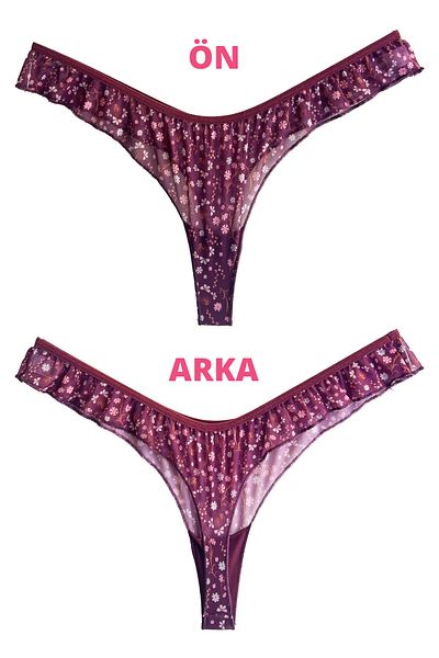 Cottonhill Plum Flower Patterned Tulle Thong Panties with Frilled Edges