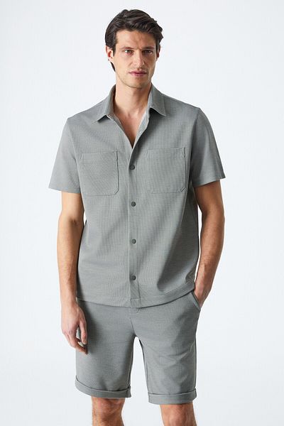 GRIMELANGE Melos Men's Short Sleeve Pocket Snap Fastener Relaxed Fit Green Shirt
