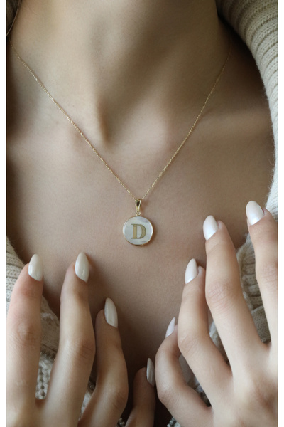 Kuyumcum 14 Ayar Altın Sedef Taşlı D Harf Kolye Ucu