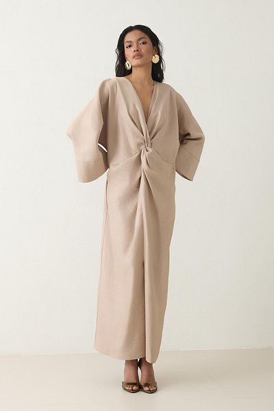 Setre Beige V-Neck Front Detailed Relaxed Cut Wide Fit Long Sleeve Dress