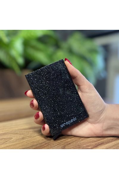 Wrapsol Suport pentru carduri de credit cu mecanism automat din aluminiu cu sclipici argintiu negru
