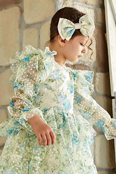 Riccotarz Rochie albastră umflată cu imprimeu floral din tul transparent pentru fete, cu umeri și talie cu volane