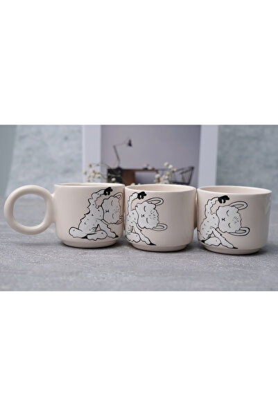 Melouro Sporty Lama Set of 3 Handmade Ceramic Cups with Handles, Mug