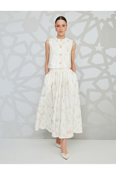 Koton Cotton Pocketed Pleated Glitter Leaf Printed High Waist Long Flared Skirt