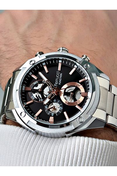 Ferrucci Function Function Silver-Black Color 3 Atm Waterproof Steel Band Men Wrist Watch