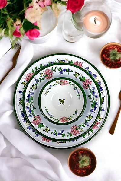 İnci Emaye 13-24-30 No 3-Piece Enameled Dinner Plate, Plate Serving, Food, Camping Picnic, Dowry, Gift