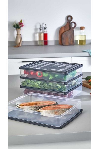 Cherry Collection 4-Piece Anthracite Refrigerator Organizer - Suitable for Microwave and Diffraction, 4 X 2400 ml Storage Container