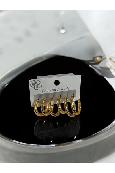 Miyoste Women's Gold Color Steel Triple Set Hoop Earrings 12mm - 15mm - 18mm Boxed