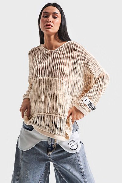its basic Γυναικείο πλεκτό σε μπεζ χρώμα Loose Cut Slim διάτρητο σχέδιο με κουκούλα