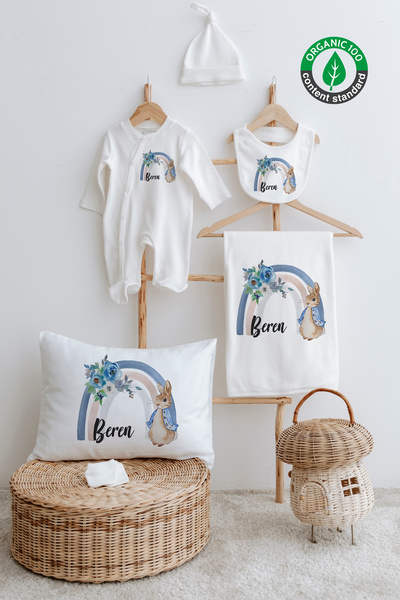 Lilabio %100 Organik Isme Özel Isimli 6lı Hastane Çıkışı Tulum Set Mavili