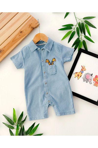 hümabebe Twin Giraffes Tall Snap Fastener Knitted Denim Fabric Summer Jumpsuit