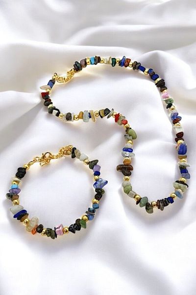 PETEK AKSESUAR Women's Natural Stone Chakra Necklace Bracelet Set