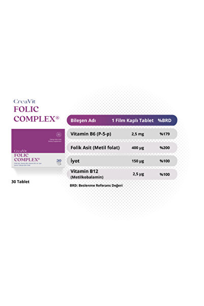 Creavit Folic Complex 30 Film Coated Tablet (400 Mcg Folic Acid B6 Vitamin B12 Iodine)