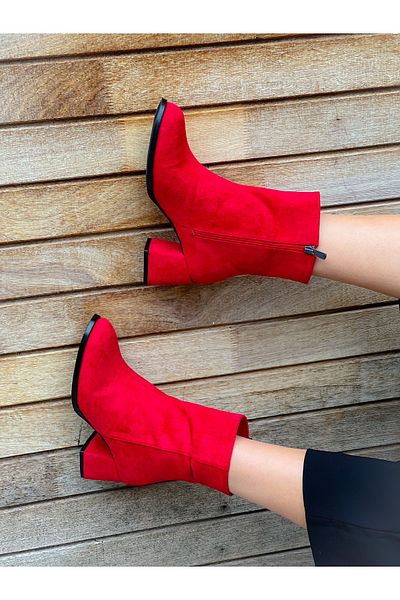irmona Μποτάκια Feli Red Cow Suede με χοντρό τακούνι