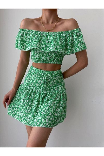 Jeevee Floral Patterned Crop-skirt Suit Boat Neck