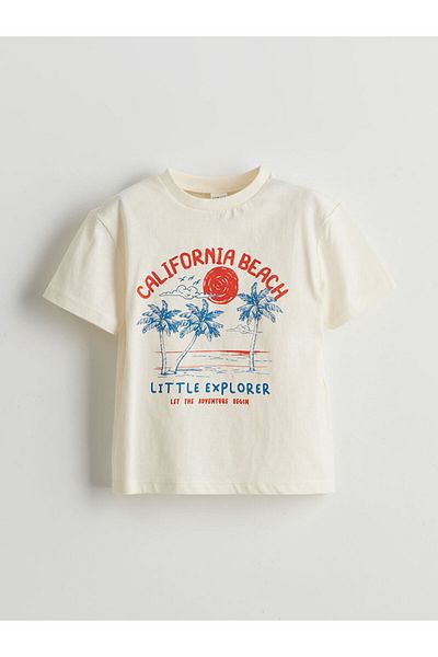 LC Waikiki LCW ECO Екрю Тениска за момче с щампа с кръгло деколте