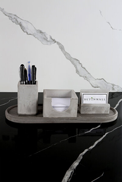 betonmall 4 Parça Mermer Desenli Beton Ofis Seti Masaüstü Kalemlik Kartvizitlik Notluk