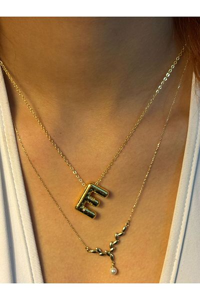 Asef Hediye Gold Balloon Letter Necklace - Letter E Tarnish Stainless Steel