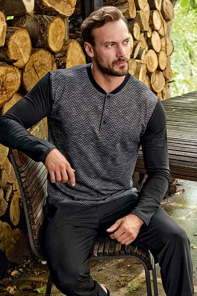 andredimoda Aydoğan Men's Jacquard Fabric Long Sleeve Pajama Set - 100% Cotton, Seasonal Comfortable
