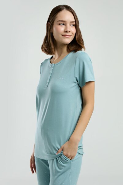 Pierre Cardin Water Green Button Collar Short Sleeve Pajama Suit, Pocket Detail, Viscose Fabric