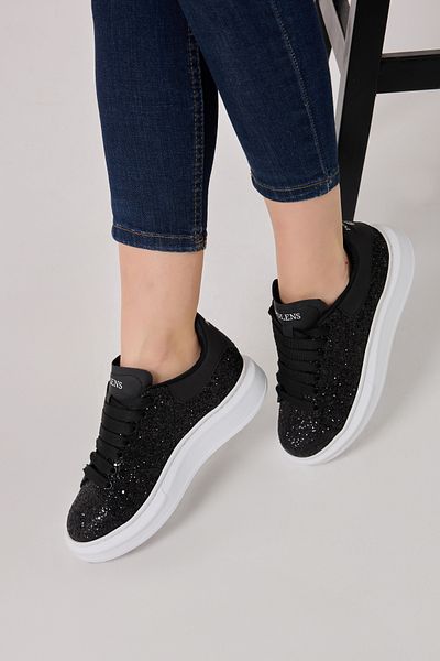 POLENS Pantofi sport ortopedici confortabili în stil Mcqueen cu perle negre/argintii pentru femei
