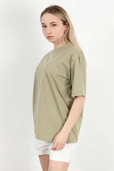 GİYSA Γυναικείο μπλουζάκι με λαιμόκοψη βαμβακερό βασικό χακί - 925001