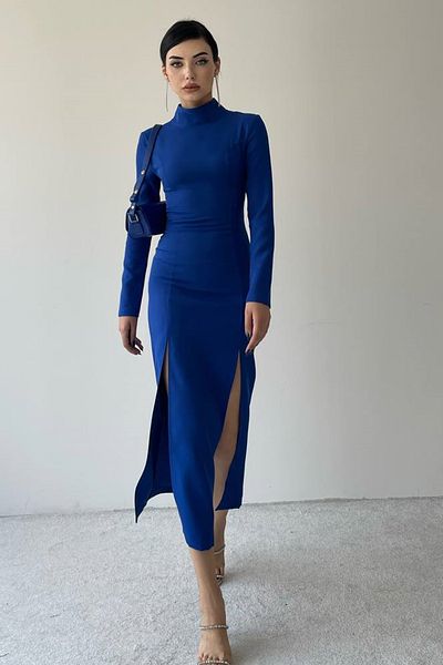 WOMAN VISION Γυναικεία Saks Blue Atlas Ύφασμα με μισό ζιβάγκο με διπλό σκίσιμο μίντι βραδινό φόρεμα 339