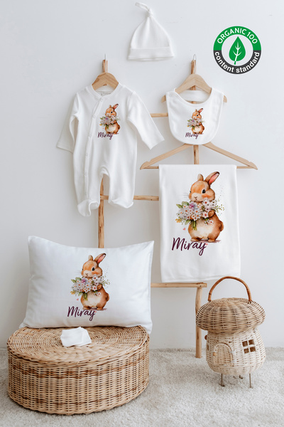 Lilabio %100 Organik Isme Özel Isimli 6lı Hastane Çıkışı Tulum Set Tavşan