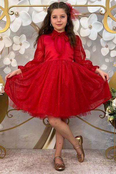 Riccotarz Girl's Glittery Red Evening Dress with Shawl Detail on the Collar and Slit Detail on the Zero Collar Sleeves