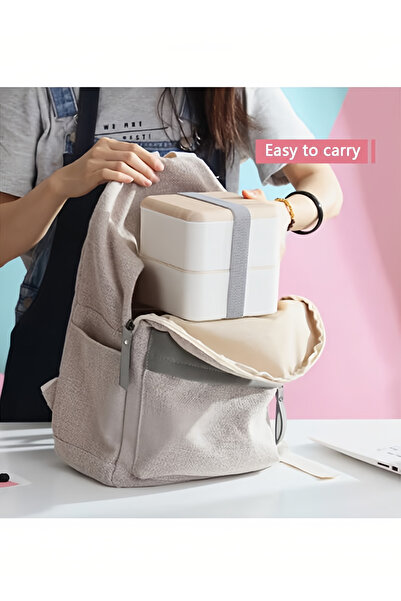 Arabest Square Double-Layer Lunch Box with Tableware - 1.4L Wooden Design,Leakproof, Microwave,Pink