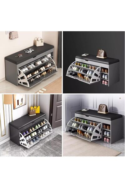 1st 100x50x34 Shoe Cabinet with Flip-Top Drawer and Padded Leather Bench with Side Shelves Grey
