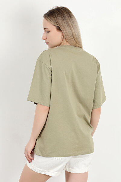 GİYSA Γυναικείο μπλουζάκι με λαιμόκοψη βαμβακερό βασικό χακί - 925001