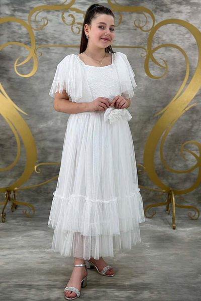 Riccotarz Girl's Tulle Shoulders, Pulpayet Embroidered Tulle White Evening Dress