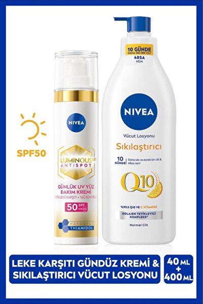 NIVEA Luminous630 Thiamidol Etkili Leke Karşıtı Gündüz Kremi 40ml ve Q10 Sıkılaştırıcı Vücut Losyonu 400ml