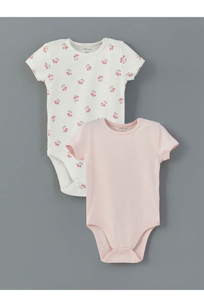 LC Waikiki Ecru Crew Neck Printed Baby Girl Snap Bodysuit 2-Piece Set