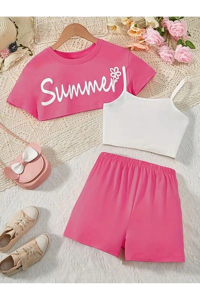 npLStore Tricou Crop cu imprimeu de vară pentru fete - Set pantaloni scurți