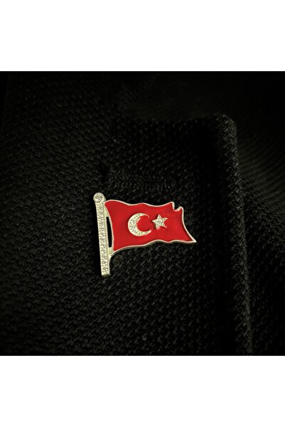 Sima Silver Gümüş Ayyıldız Türk Bayraklı Kırmızı Mineli Erkek Rozet Yaka Iğnesi
