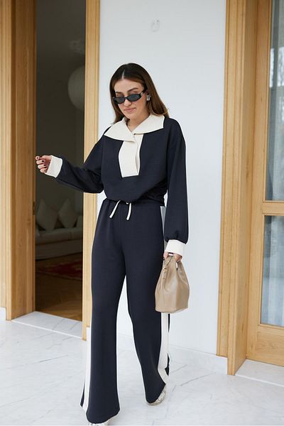 Askı Nişantaşı Anthracite-Beige Stripe Detailed Modal Fabric Sweat Tracksuit Set