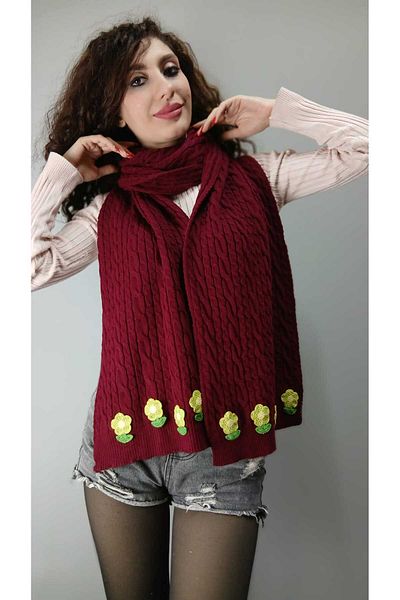 Gönülden Tasarım TRICO tricotat roșu claret VERDE FLORE FEMEIE șal GÂT CAL 200X30 CM