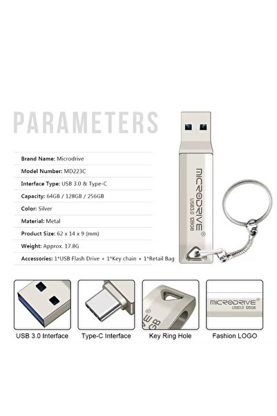 MicroDrive 64 GB FLAŞ BELLEK USB MİNİ METAL 3,0 ÇİFT BAŞLIK TYP-C GÜMÜŞ USB DEPOLAMA