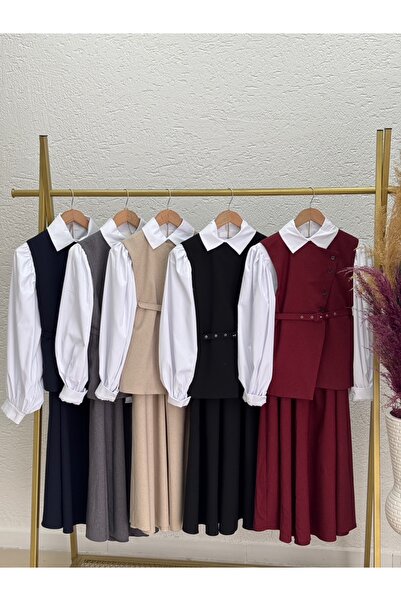 Ebrar Store Stone Colored Perihan Vest and Skirt Set - He8323