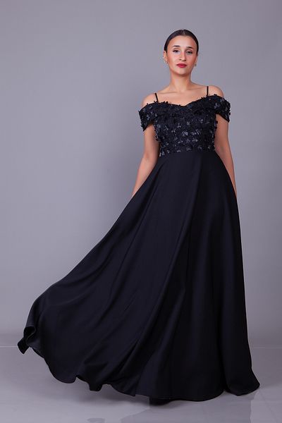 Bidoluelbise Black Strap Off Shoulder Floral Tulle Detail Maxi Length Flared Evening Dress