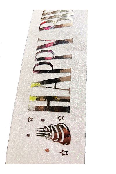 Hepta Collection Glittery Sparkling Belt Belt with Silver Large Happy Birthday Writing on White 10 cm Width