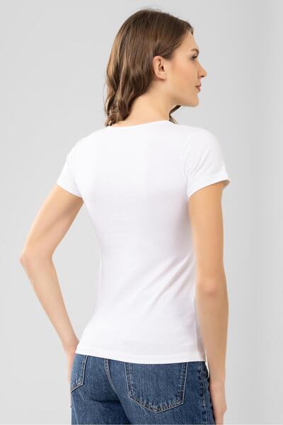 BAYKAR White Women's Basic T-Shirt - Cotton, Piping Neck, Short Sleeve, 6663