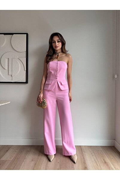 Rabia Çelik Kadın Pembe Önü Düğmeli Straplez Büstiyer Pantolon 2li Takım Elbise